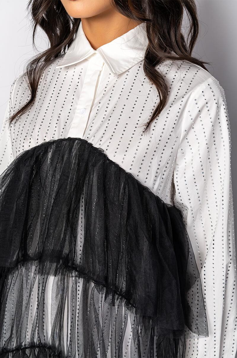 SHINE ON TULLE SHIRT DRESS WITH RHINESTONE PIN STRIPE