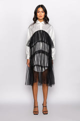 SHINE ON TULLE SHIRT DRESS WITH RHINESTONE PIN STRIPE