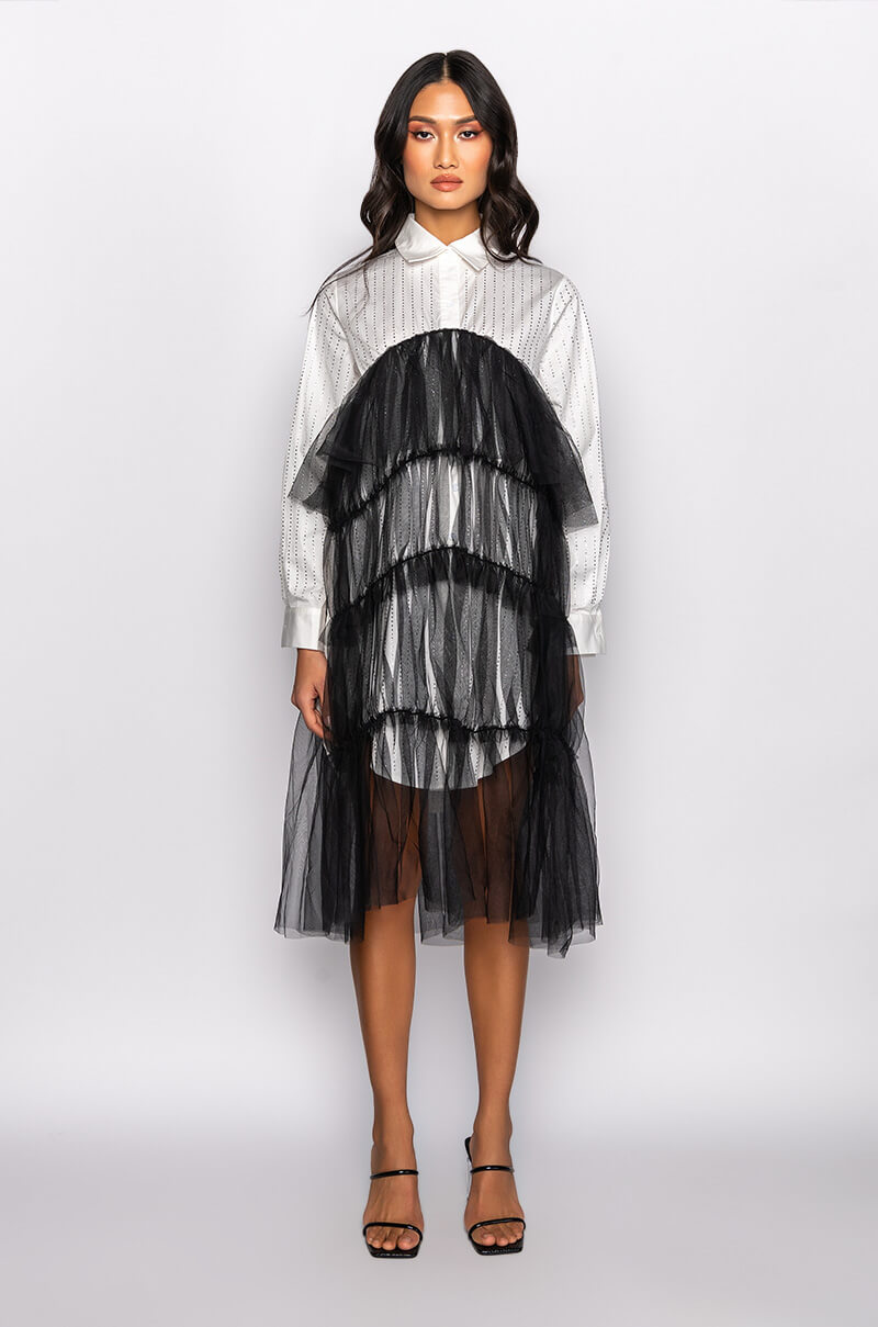 SHINE ON TULLE SHIRT DRESS WITH RHINESTONE PIN STRIPE