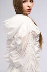 SHIRLEY RUCHED HOODED MINI DRESS