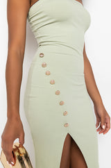 SHOOT FOR THE STARS CROSS FRONT STRAPLESS MIDI DRESS