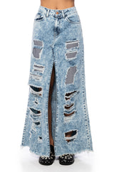 YOUR NEW FAVORITE DISTRESSED FLARED JEAN MIDI SKIRT