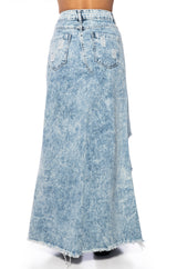 YOUR NEW FAVORITE DISTRESSED FLARED JEAN MIDI SKIRT