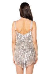 SHOW UP FRINGE MINI DRESS IN SILVER