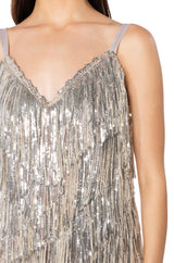 SHOW UP FRINGE MINI DRESS IN SILVER