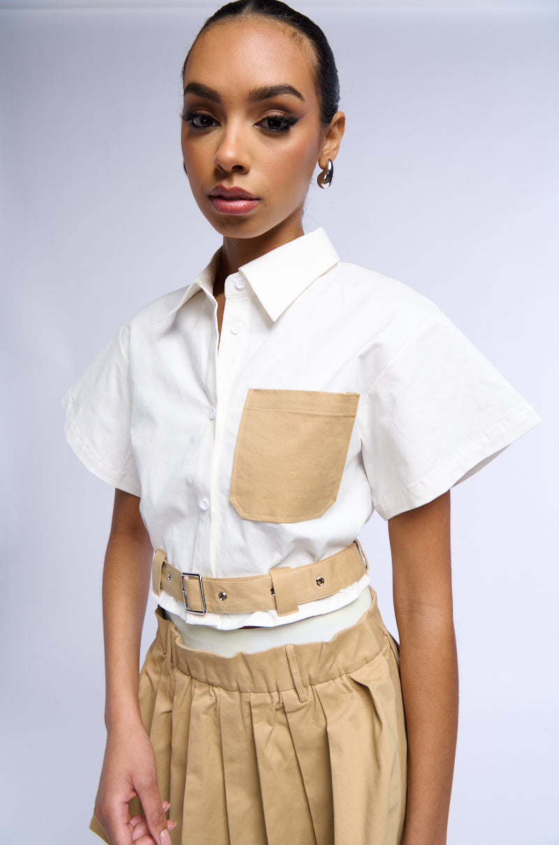 SIENNA BELTED SHORT SLEEVE BUTTON DOWN