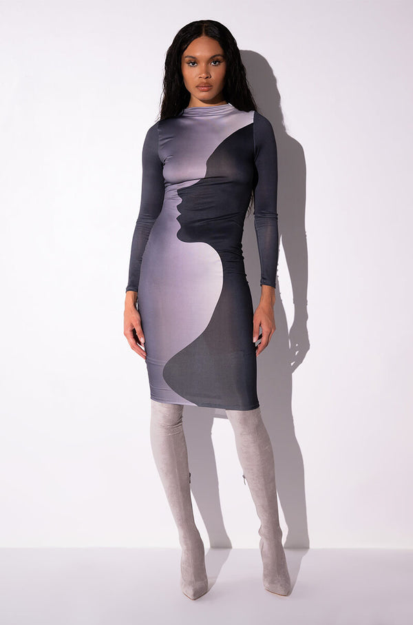 SILHOUETTE MOCK NECK LONG SLEEVE MIDI DRESS