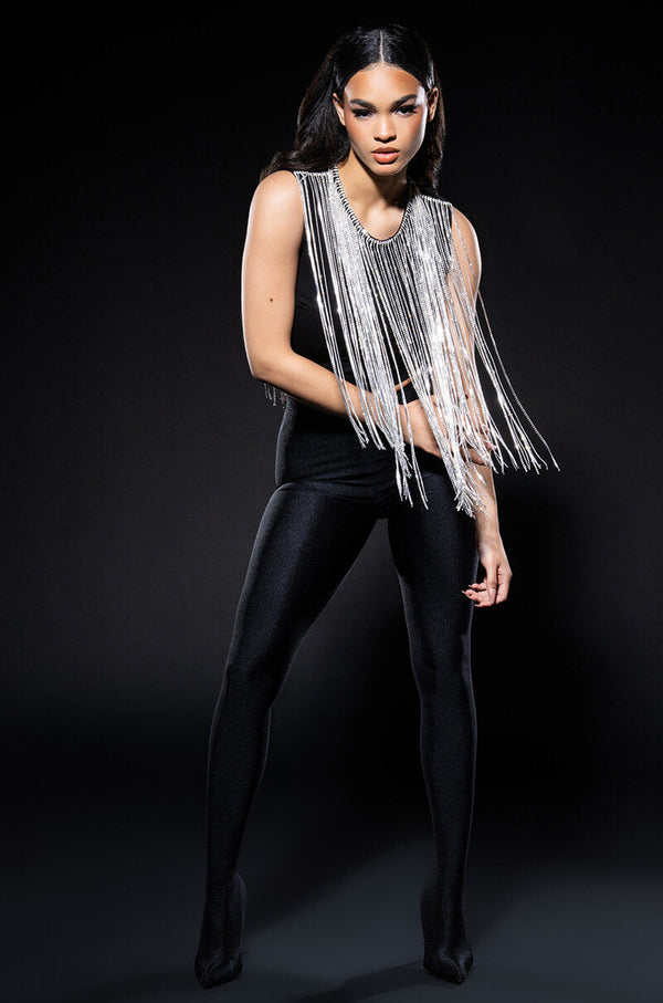 SLAY RHINESTONE FRINGE CROP TOP