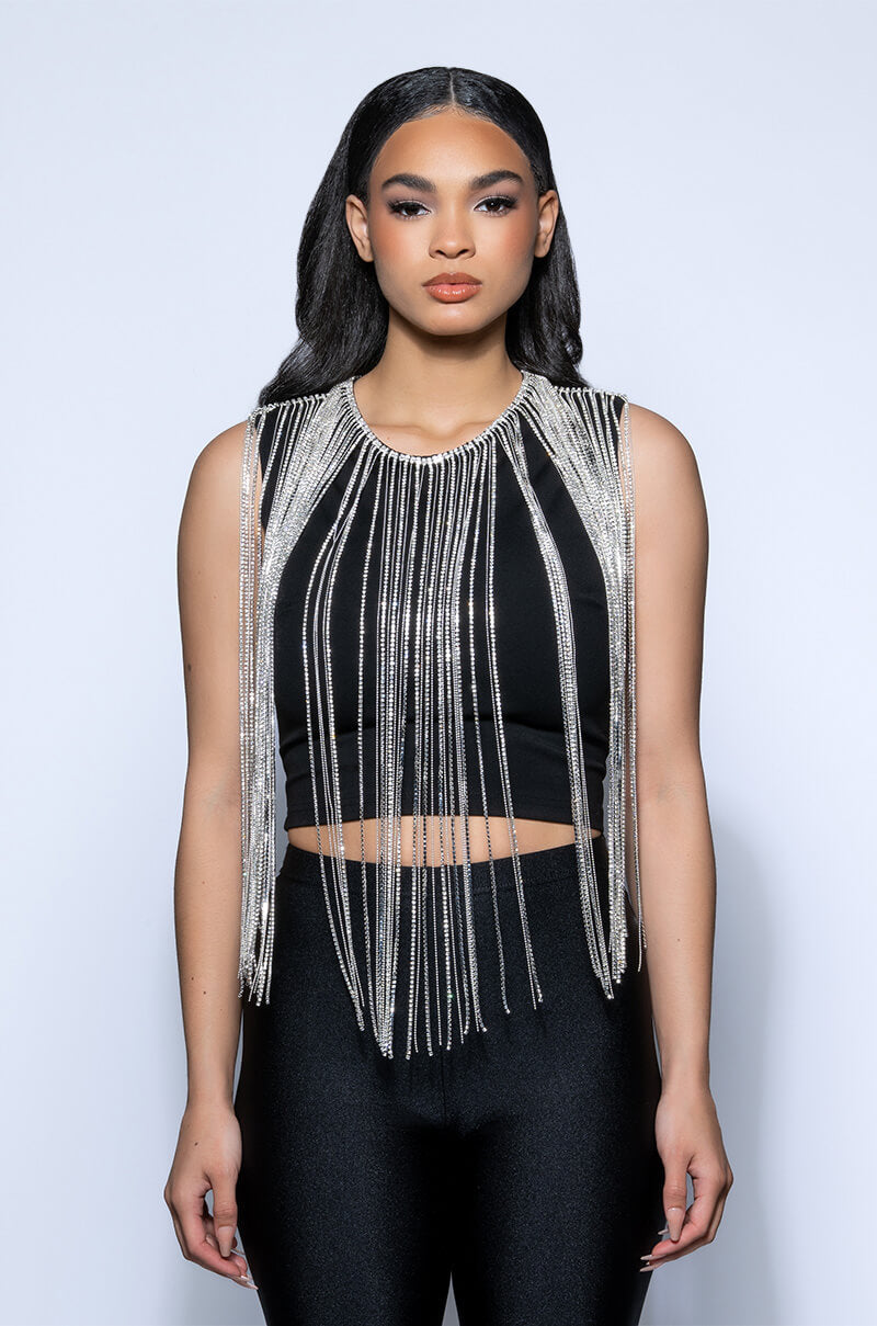 SLAY RHINESTONE FRINGE CROP TOP