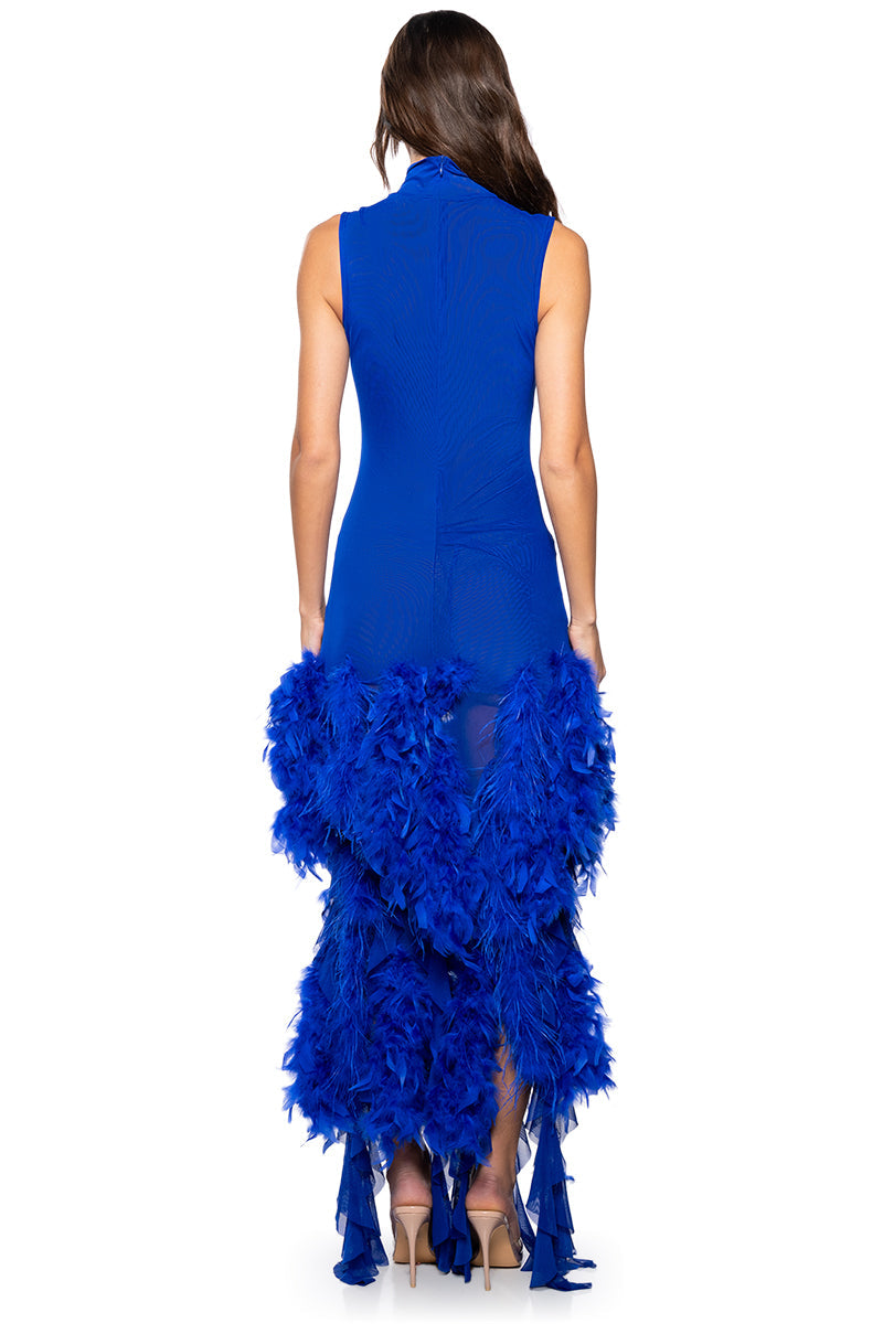 SLEEK AND CHIC FEATHER MAXI DRESS