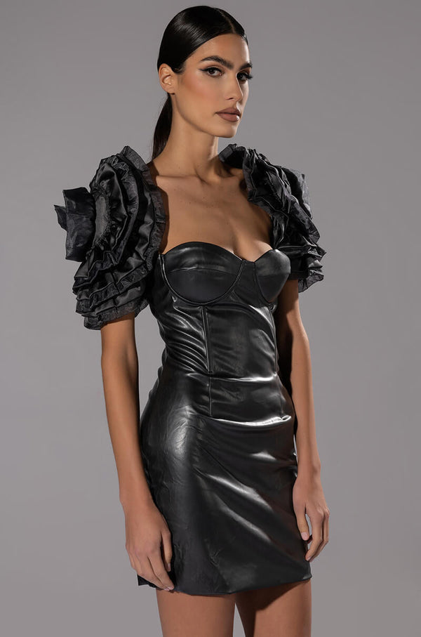 SLOANE SHOULDER DETAIL FAUX LEATHER MINI DRESS