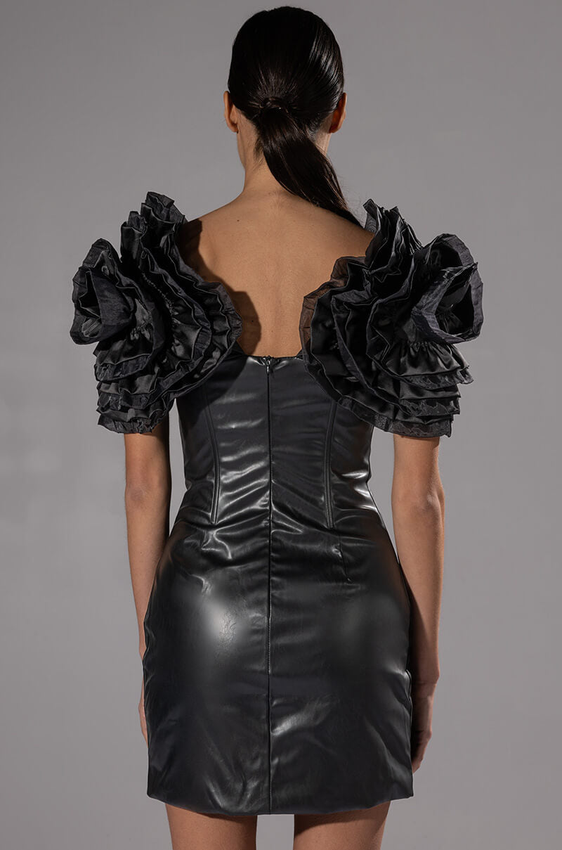 SLOANE SHOULDER DETAIL FAUX LEATHER MINI DRESS