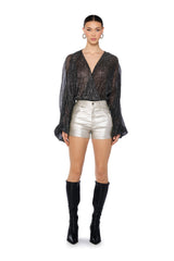 SLOW MOTION LONG SLEEVE WRAP FRONT BODYSUIT IN BLACK