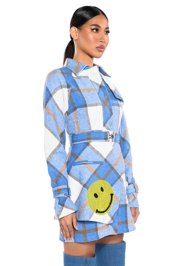 SMILEY PATCH DETAIL LONG SLEEVE PLAID MINI DRESS