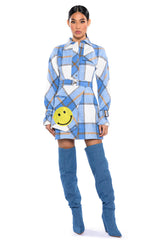 SMILEY PATCH DETAIL LONG SLEEVE PLAID MINI DRESS