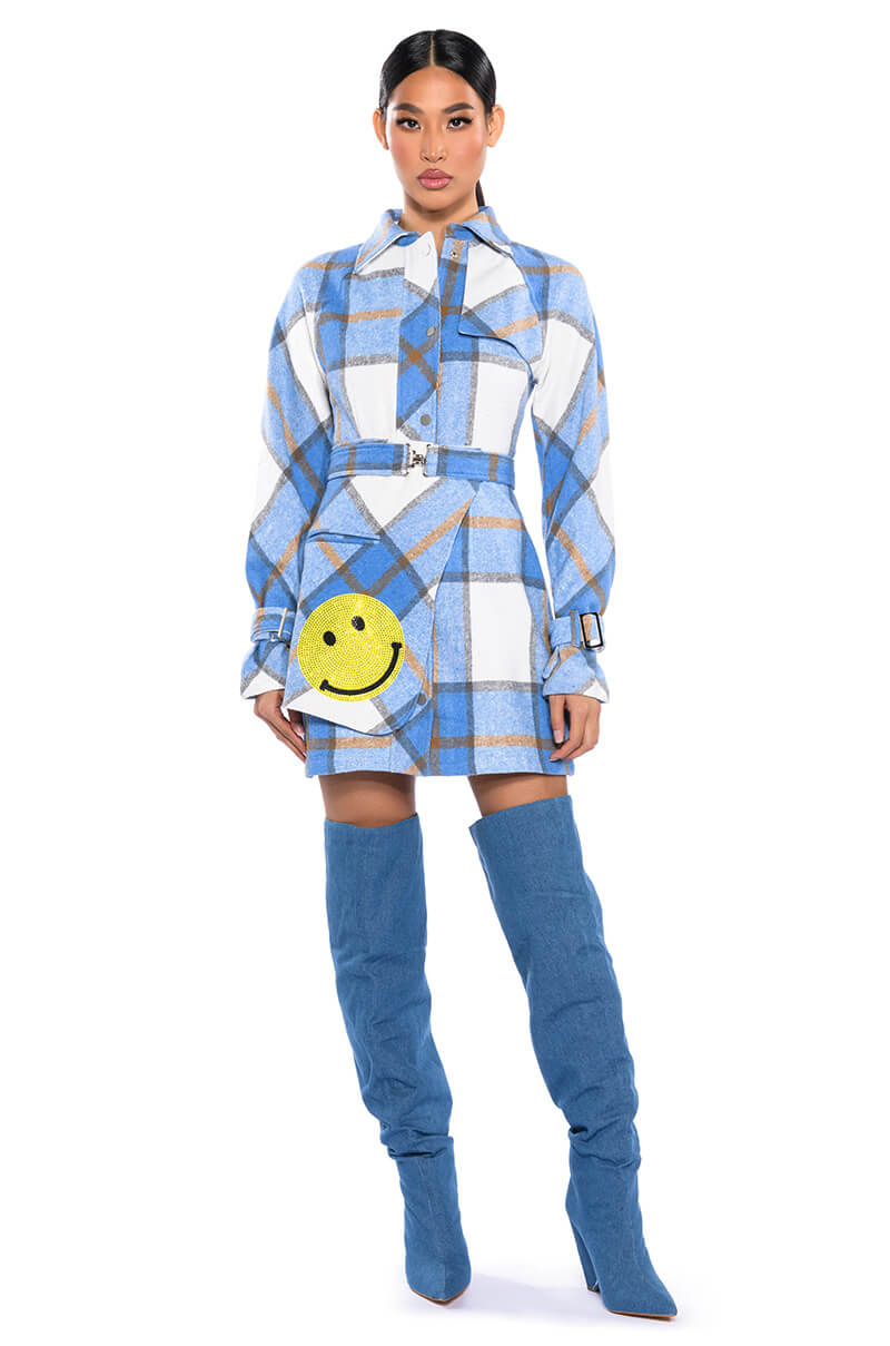 SMILEY PATCH DETAIL LONG SLEEVE PLAID MINI DRESS