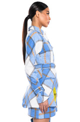 SMILEY PATCH DETAIL LONG SLEEVE PLAID MINI DRESS