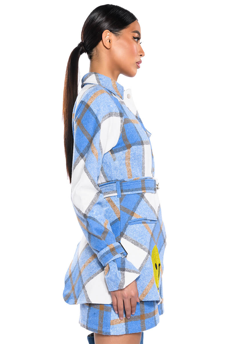 SMILEY PATCH DETAIL LONG SLEEVE PLAID MINI DRESS