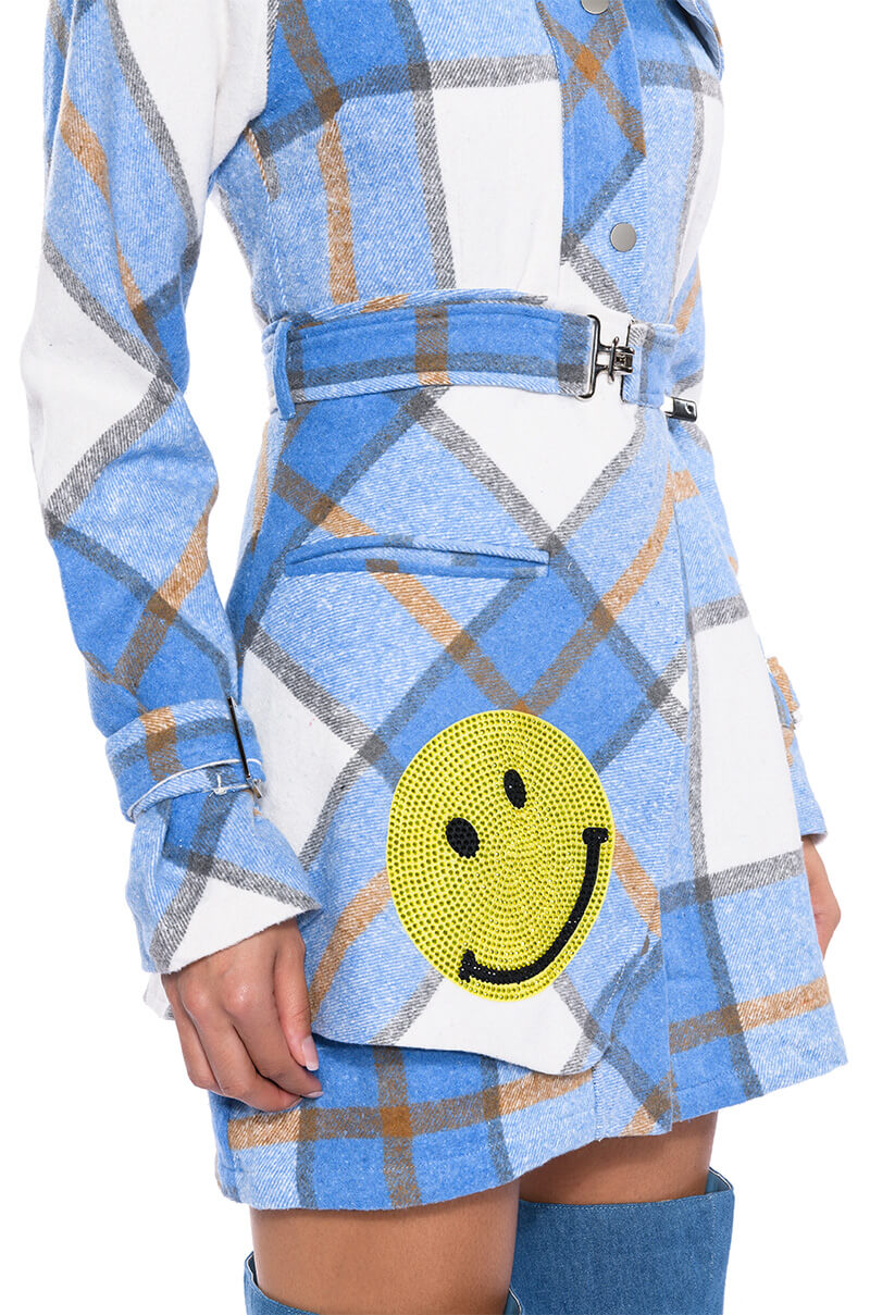 SMILEY PATCH DETAIL LONG SLEEVE PLAID MINI DRESS