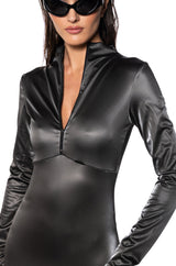 SNATCHED FAUX LEATHER LONG SLEEVE MAXI DRESS