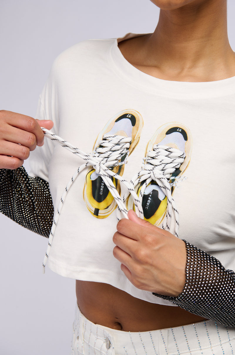 SNEAKER HEAD RHINESTONE SLEEVE GRAPHIC T SHIRT