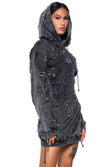 SO MANY QUESTIONS FRAYED DENIM HOODIE MINI DRESS