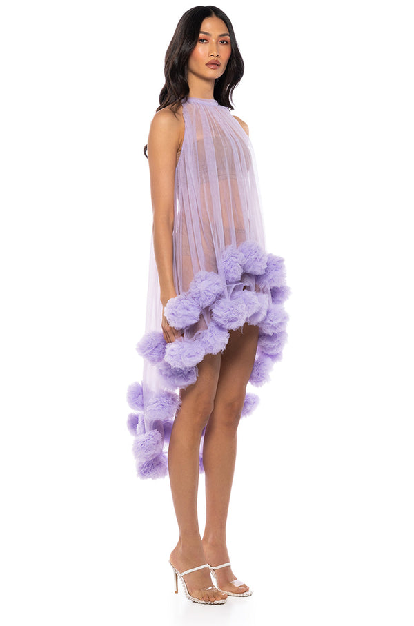 SONYA POM POM DETAIL HIGH LOW SHEER DRESS IN PURPLE