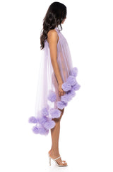 SONYA POM POM DETAIL HIGH LOW SHEER DRESS IN PURPLE
