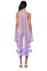 SONYA POM POM DETAIL HIGH LOW SHEER DRESS IN PURPLE