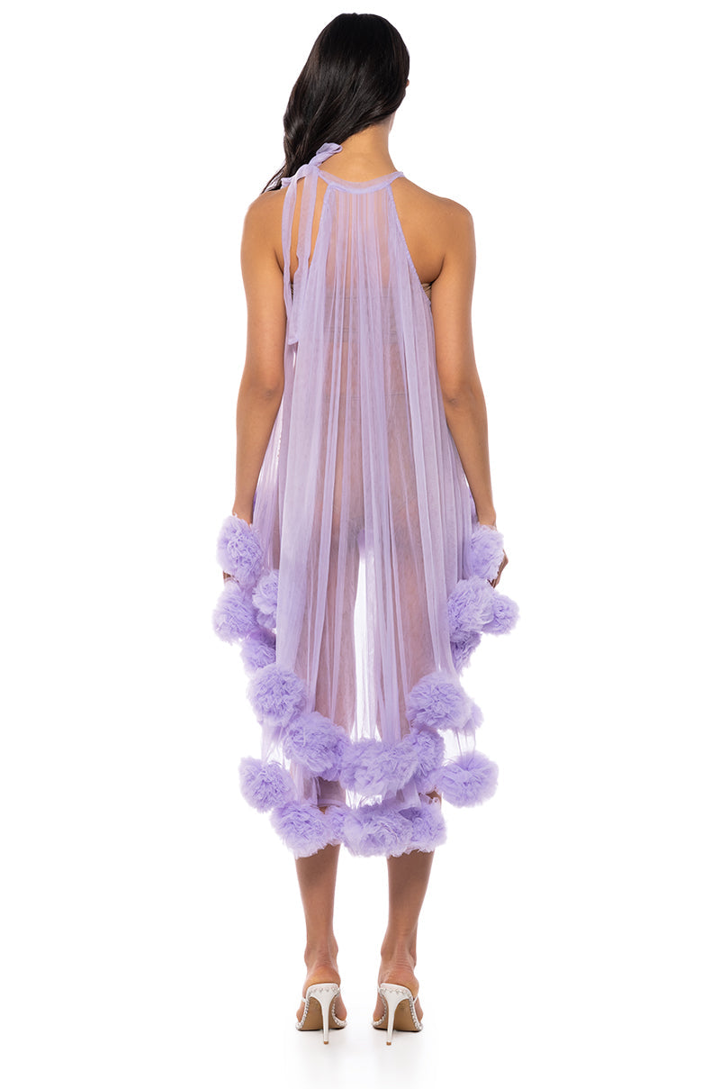 SONYA POM POM DETAIL HIGH LOW SHEER DRESS IN PURPLE