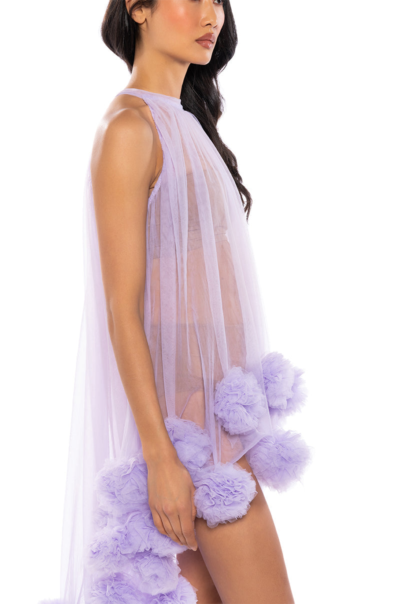 SONYA POM POM DETAIL HIGH LOW SHEER DRESS IN PURPLE