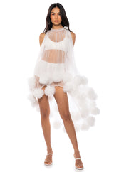 SONYA POM POM DETAIL HIGH LOW SHEER DRESS IN WHITE