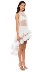 SONYA POM POM DETAIL HIGH LOW SHEER DRESS IN WHITE