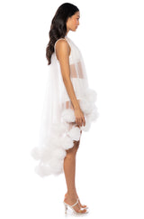 SONYA POM POM DETAIL HIGH LOW SHEER DRESS IN WHITE