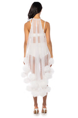 SONYA POM POM DETAIL HIGH LOW SHEER DRESS IN WHITE