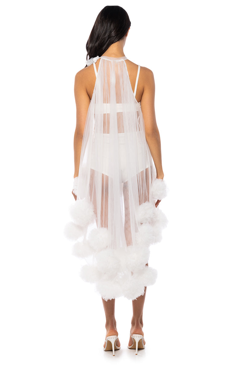 SONYA POM POM DETAIL HIGH LOW SHEER DRESS IN WHITE