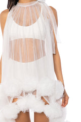 SONYA POM POM DETAIL HIGH LOW SHEER DRESS IN WHITE