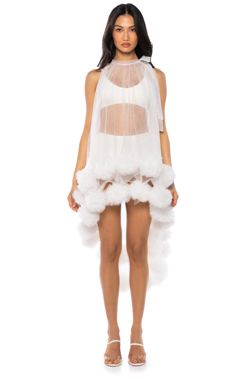 SONYA POM POM DETAIL HIGH LOW SHEER DRESS IN WHITE