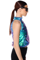 SPACE CADET SLEEVELESS ZIP UP TOP IN BLUE GREEN METALLIC