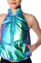 SPACE CADET SLEEVELESS ZIP UP TOP IN BLUE GREEN METALLIC