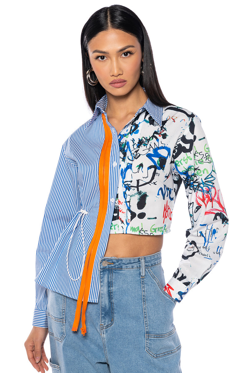 SPENCER ASYMMETRICAL MIXED BUTTON DOWN