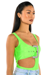 SPOTLIGHT BUCKLE DETAIL NEON CUTOUT CHEEKY BODYSUIT
