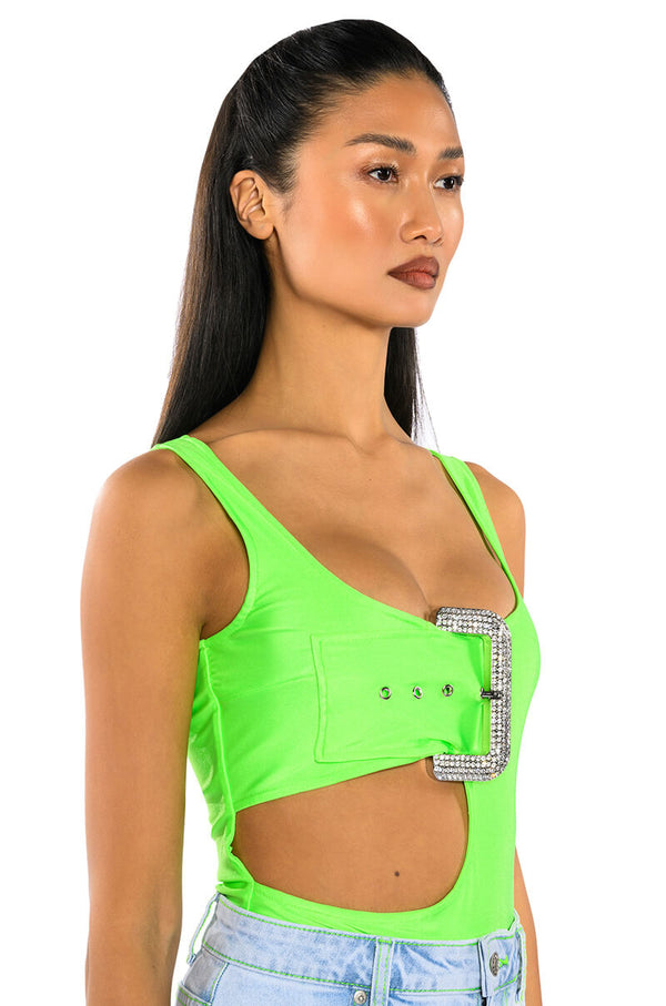 SPOTLIGHT BUCKLE DETAIL NEON CUTOUT CHEEKY BODYSUIT