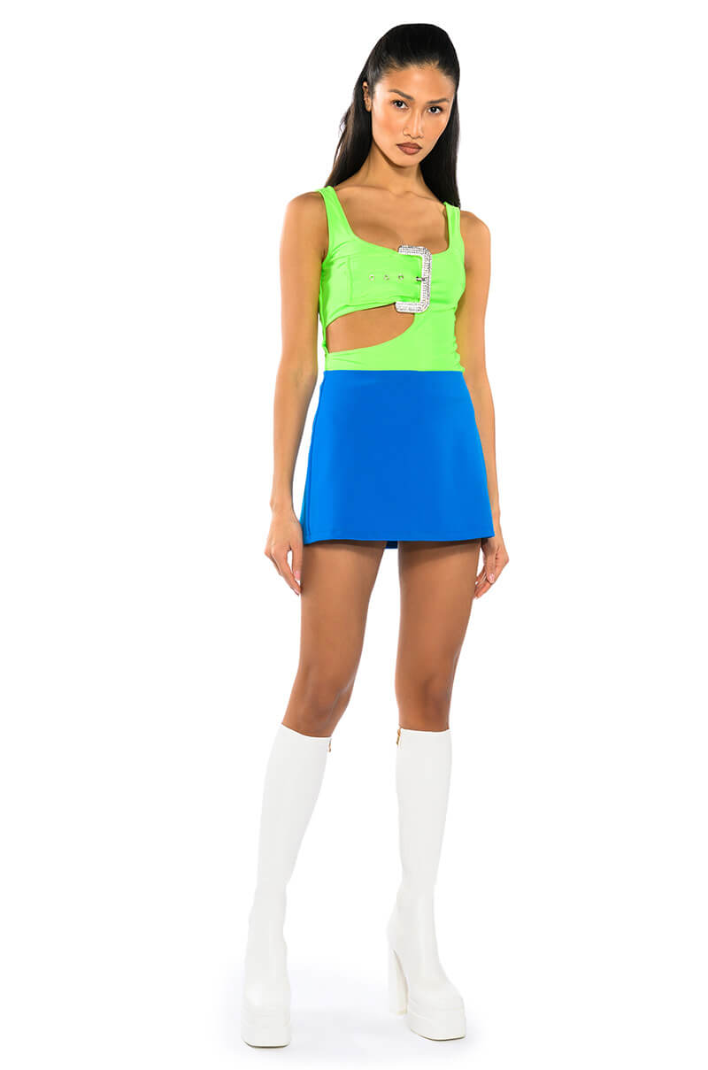 SPOTLIGHT BUCKLE DETAIL NEON CUTOUT CHEEKY BODYSUIT