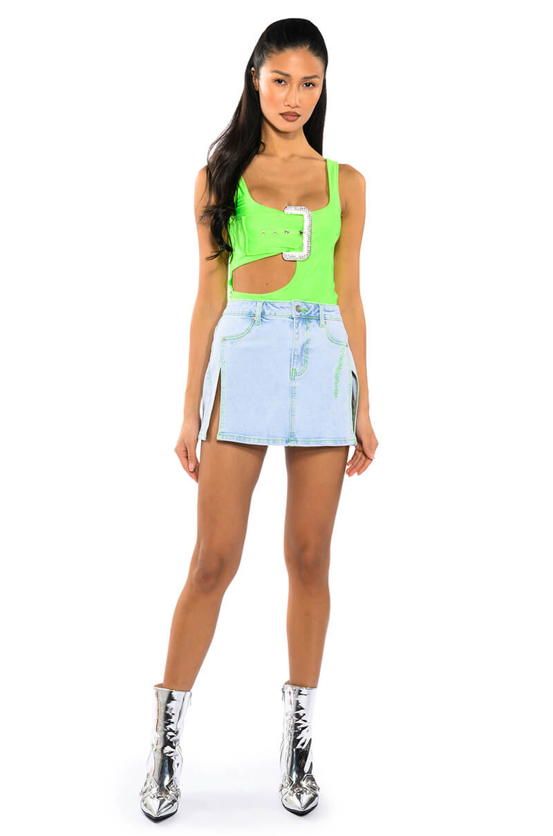 SPOTLIGHT BUCKLE DETAIL NEON CUTOUT CHEEKY BODYSUIT