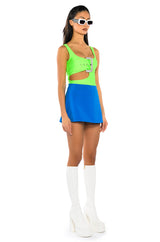 SPOTLIGHT BUCKLE DETAIL NEON CUTOUT CHEEKY BODYSUIT