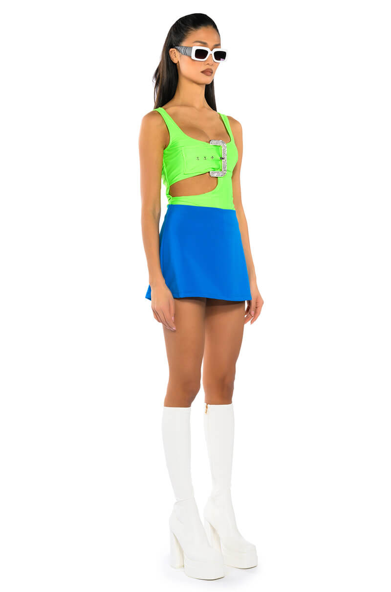 SPOTLIGHT BUCKLE DETAIL NEON CUTOUT CHEEKY BODYSUIT