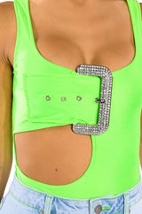 SPOTLIGHT BUCKLE DETAIL NEON CUTOUT CHEEKY BODYSUIT