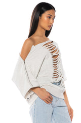 SPOTLIGHT SHREDDED ZIP SLEEVE SWEATSHIRT
