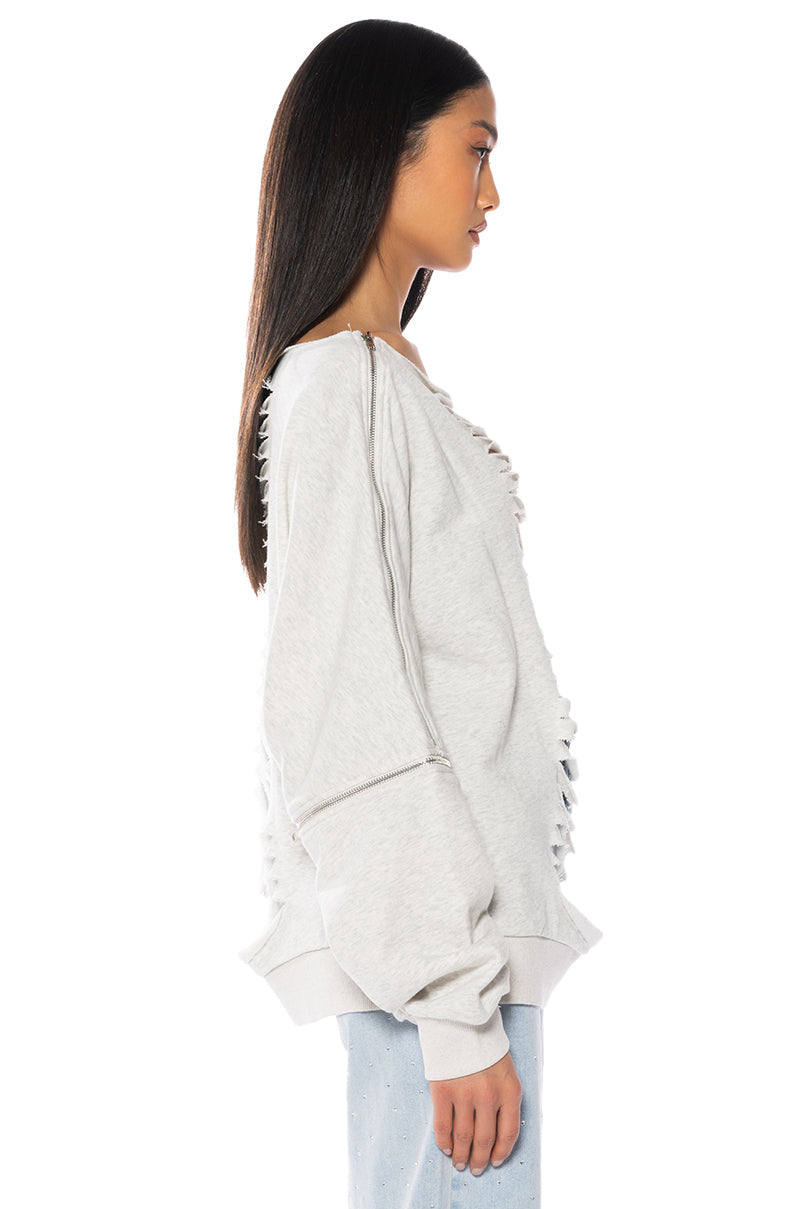 SPOTLIGHT SHREDDED ZIP SLEEVE SWEATSHIRT